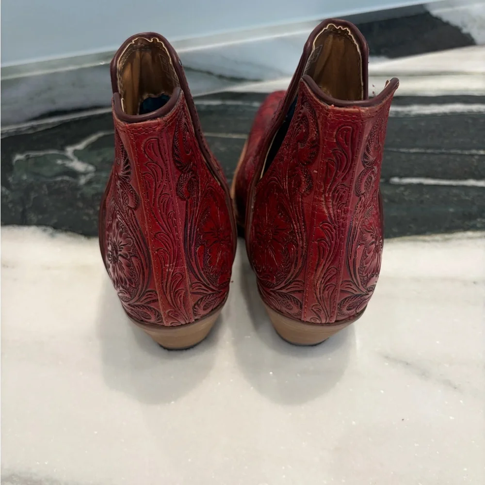 Myra Floral Embossed Leather Western Booties | Red | Size 7 - Picture 5 of 8